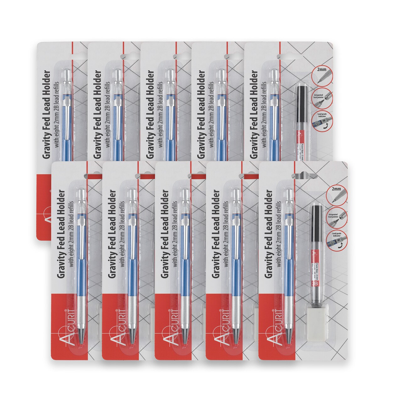 Acurit 0.5mm Drafting Pencil with Pack of 2B Refill Leads - Value Pack of 10 - Drawing Mechanical Pencils for Artists, Drafters, and Engineers - Metal Threaded Anti-Skid Grip, Lead Grade Indicator